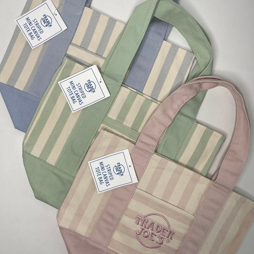 Set of 3 — Trader Joe’s Canvas MINI Tote Bags PASTEL STRIPE Blue Green Pink NWT!